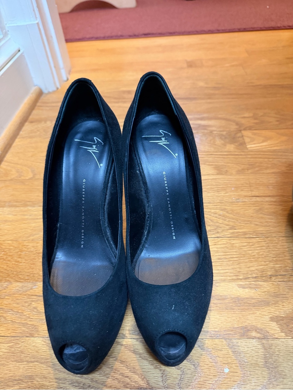 Giuseppe Zanotti Black Suede Peep-Toe Pumps with Signature Insole